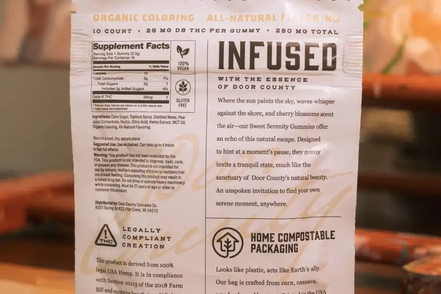 High-quality ingredients for Sweet Serenity Gummies including cane sugar, tapioca syrup, and natural Door County Cherry flavor.